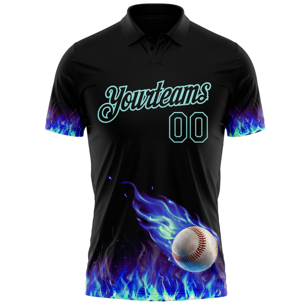 Custom Black-Ice Blue Flame Baseball Ball 3D Pattern Performance Polo Shirt photo 2