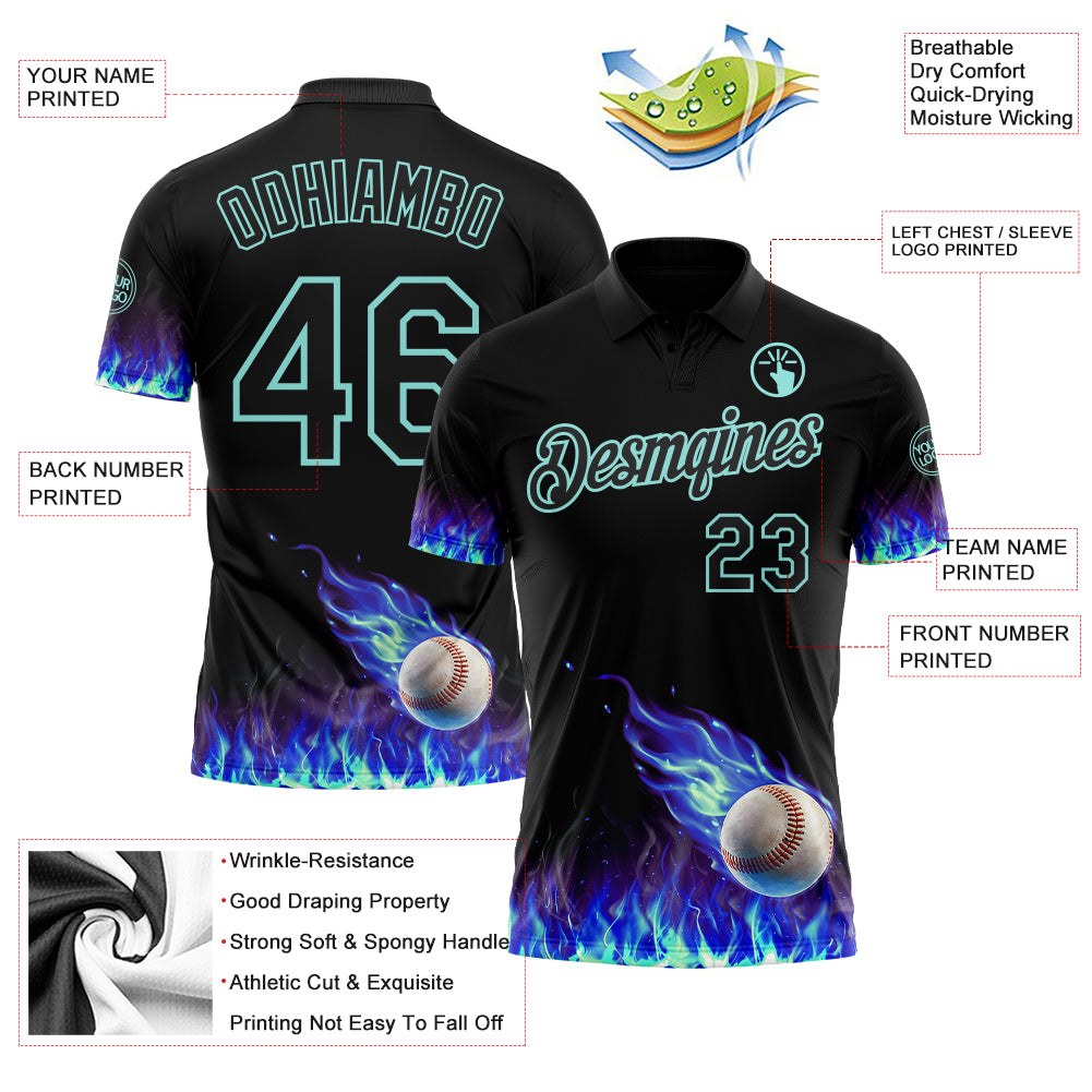 Custom Black-Ice Blue Flame Baseball Ball 3D Pattern Performance Polo Shirt photo 3