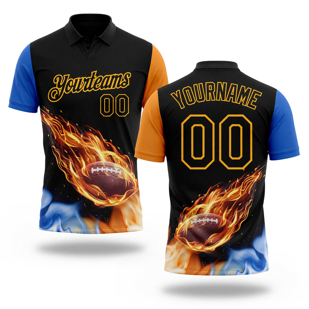 Custom Black Orange Blue-Gold Flame Football Ball 3D Pattern Performance Polo Shirt