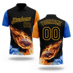 Custom Black Orange Blue-Gold Flame Football Ball 3D Pattern Performance Polo Shirt