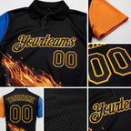 Custom Black Orange Blue-Gold Flame Football Ball 3D Pattern Performance Polo Shirt detail
