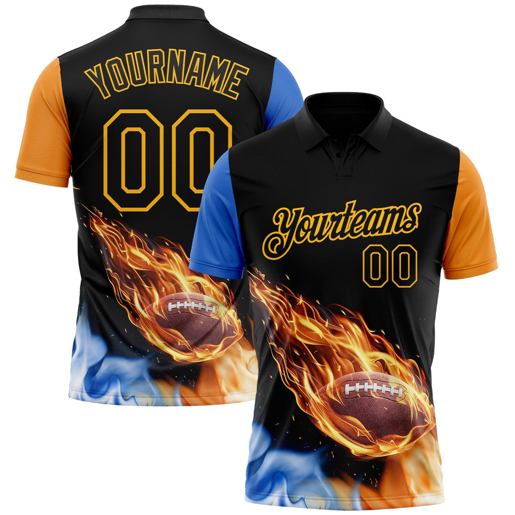 Custom Black Orange Blue-Gold Flame Football Ball 3D Pattern Performance Polo Shirt photo 1