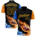 Custom Black Orange Blue-Gold Flame Football Ball 3D Pattern Performance Polo Shirt photo 1