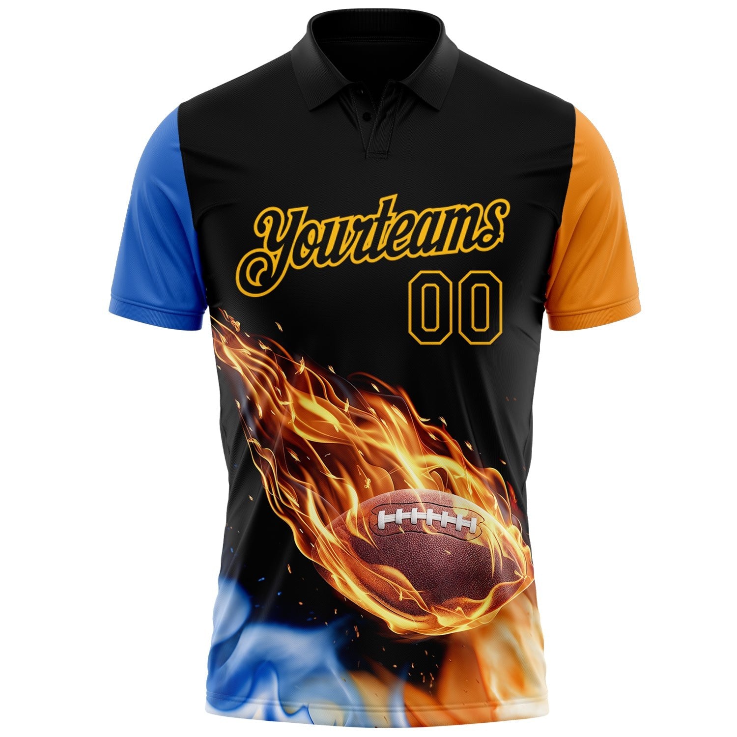 Custom Black Orange Blue-Gold Flame Football Ball 3D Pattern Performance Polo Shirt photo 2