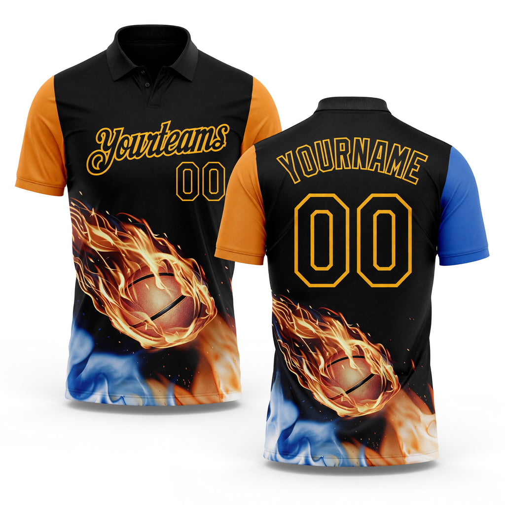 Custom Black Orange Blue-Gold Flame Basketball Ball 3D Pattern Performance Polo Shirt