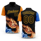 Custom Black Orange Blue-Gold Flame Basketball Ball 3D Pattern Performance Polo Shirt
