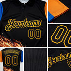 Custom Black Orange Blue-Gold Flame Basketball Ball 3D Pattern Performance Polo Shirt detail