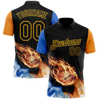 Custom Black Orange Blue-Gold Flame Basketball Ball 3D Pattern Performance Polo Shirt photo 1