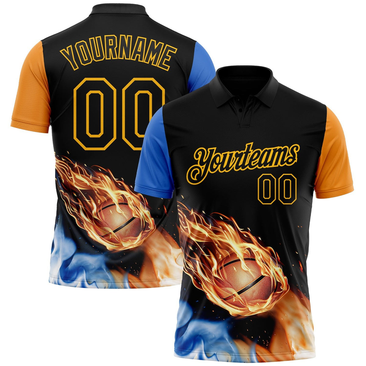 Custom Black Orange Blue-Gold Flame Basketball Ball 3D Pattern Performance Polo Shirt photo 1