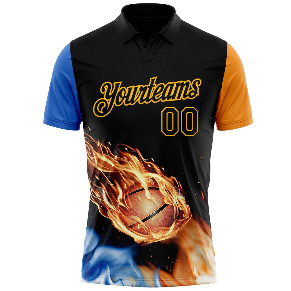 Custom Black Orange Blue-Gold Flame Basketball Ball 3D Pattern Performance Polo Shirt photo 2