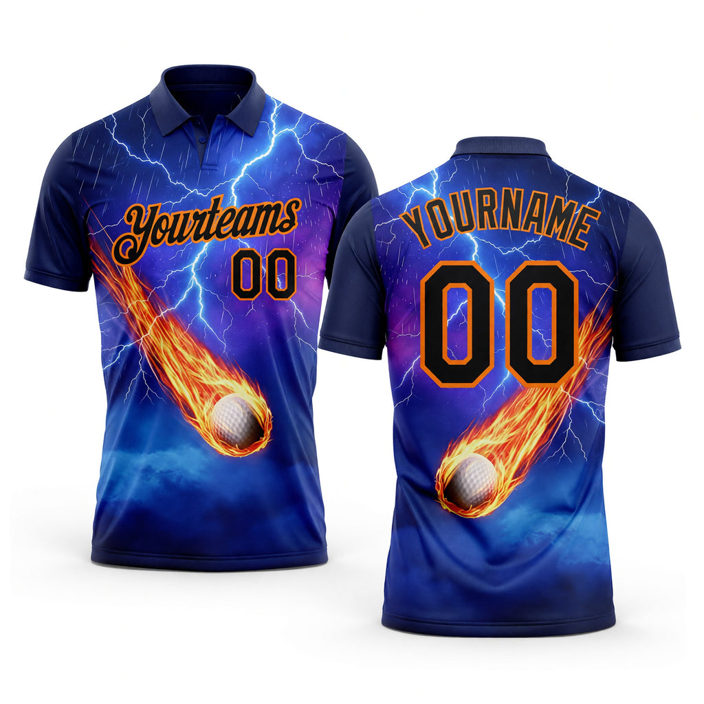 Custom Blue Black-Bay Orange Flame Lightning Golf Ball 3D Pattern Performance Polo Shirt