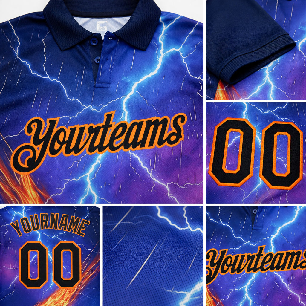 Custom Blue Black-Bay Orange Flame Lightning Golf Ball 3D Pattern Performance Polo Shirt detail