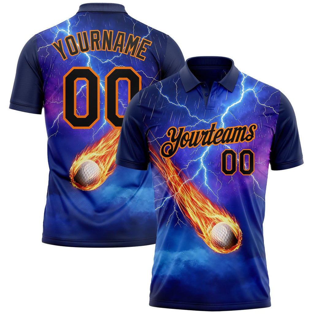 Custom Blue Black-Bay Orange Flame Lightning Golf Ball 3D Pattern Performance Polo Shirt photo 1