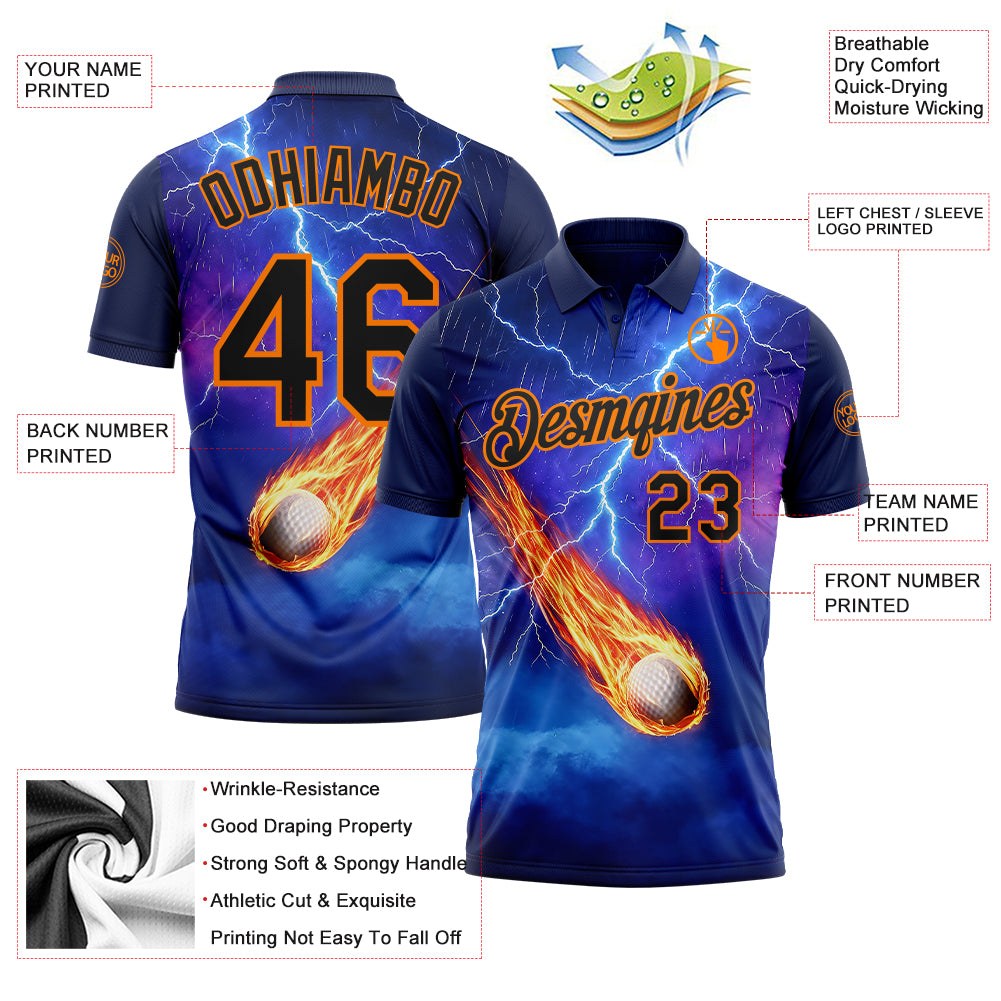 Custom Blue Black-Bay Orange Flame Lightning Golf Ball 3D Pattern Performance Polo Shirt photo 3