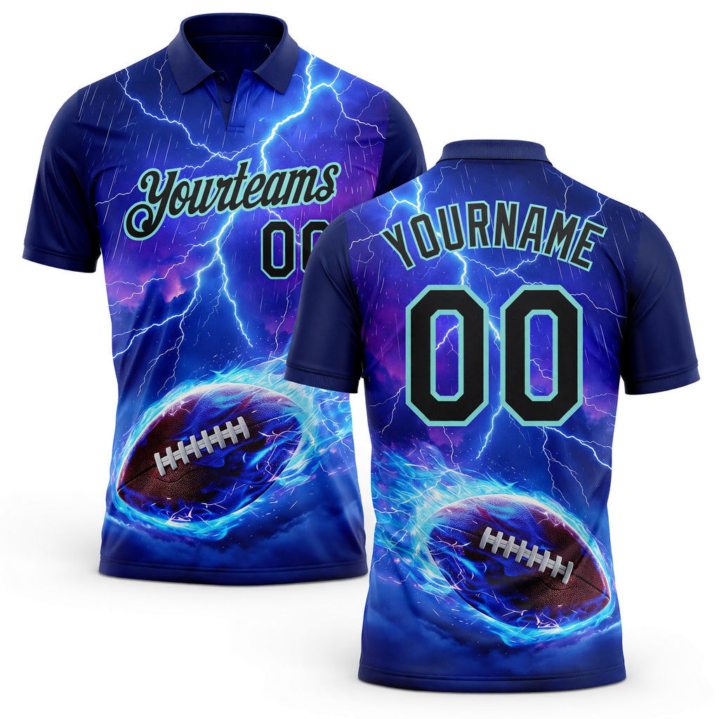 Custom Blue Black-Ice Blue Flame Lightning Football Ball 3D Pattern Performance Polo Shirt