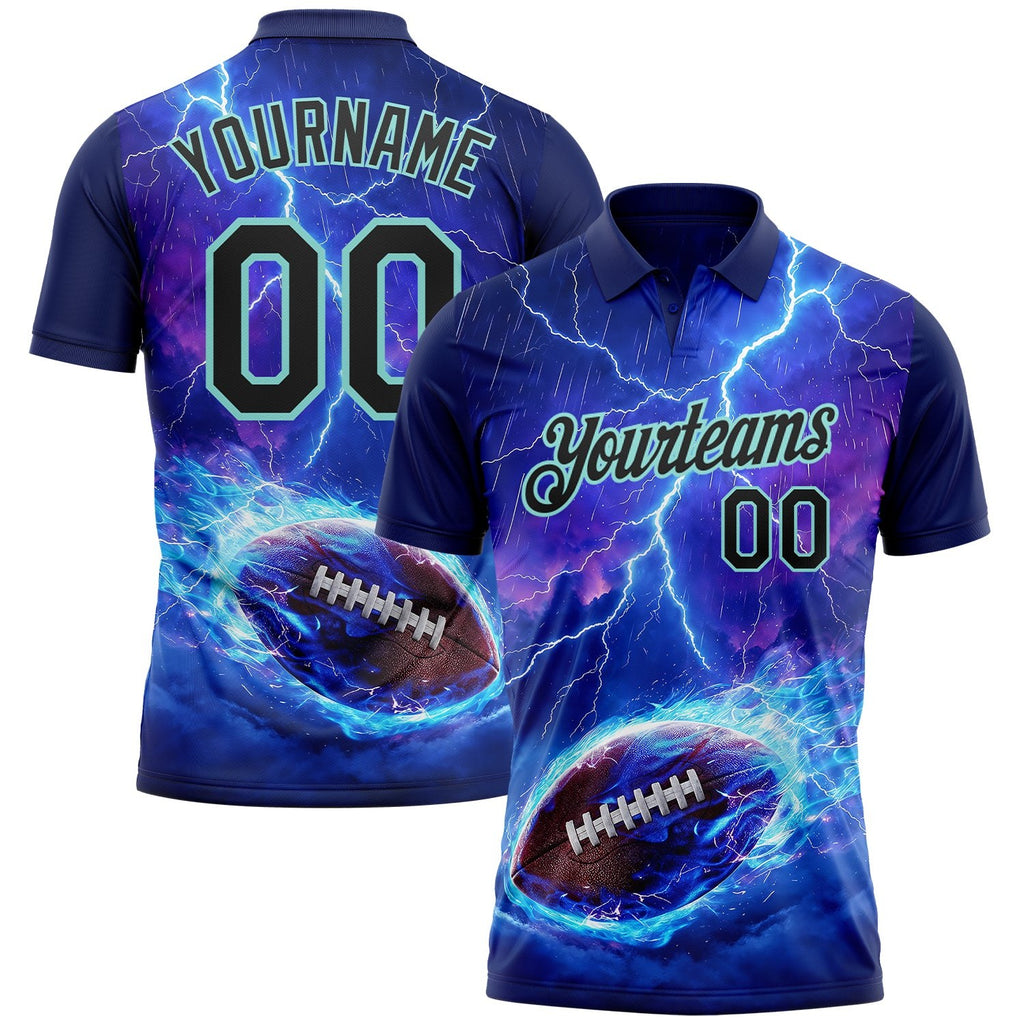 Custom Blue Black-Ice Blue Flame Lightning Football Ball 3D Pattern Performance Polo Shirt photo 1