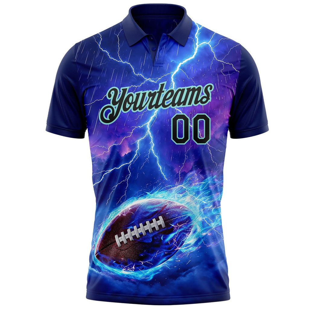 Custom Blue Black-Ice Blue Flame Lightning Football Ball 3D Pattern Performance Polo Shirt photo 2