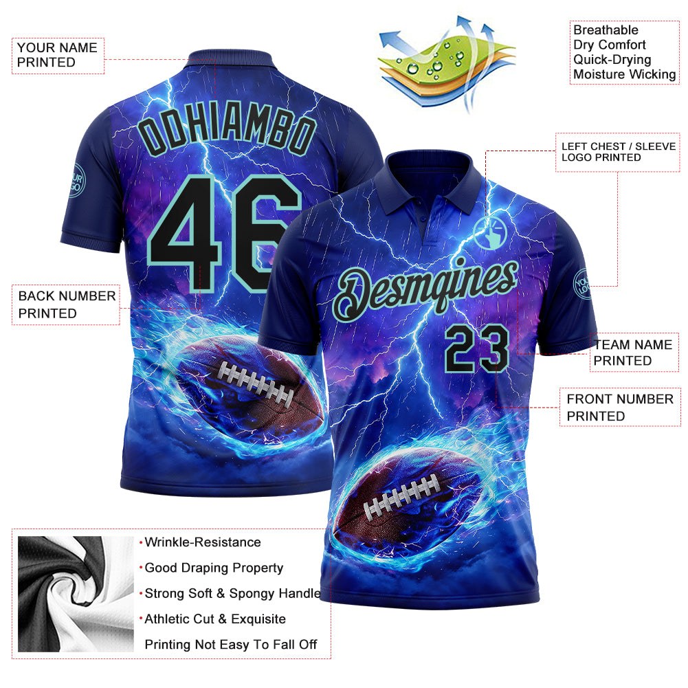 Custom Blue Black-Ice Blue Flame Lightning Football Ball 3D Pattern Performance Polo Shirt photo 3