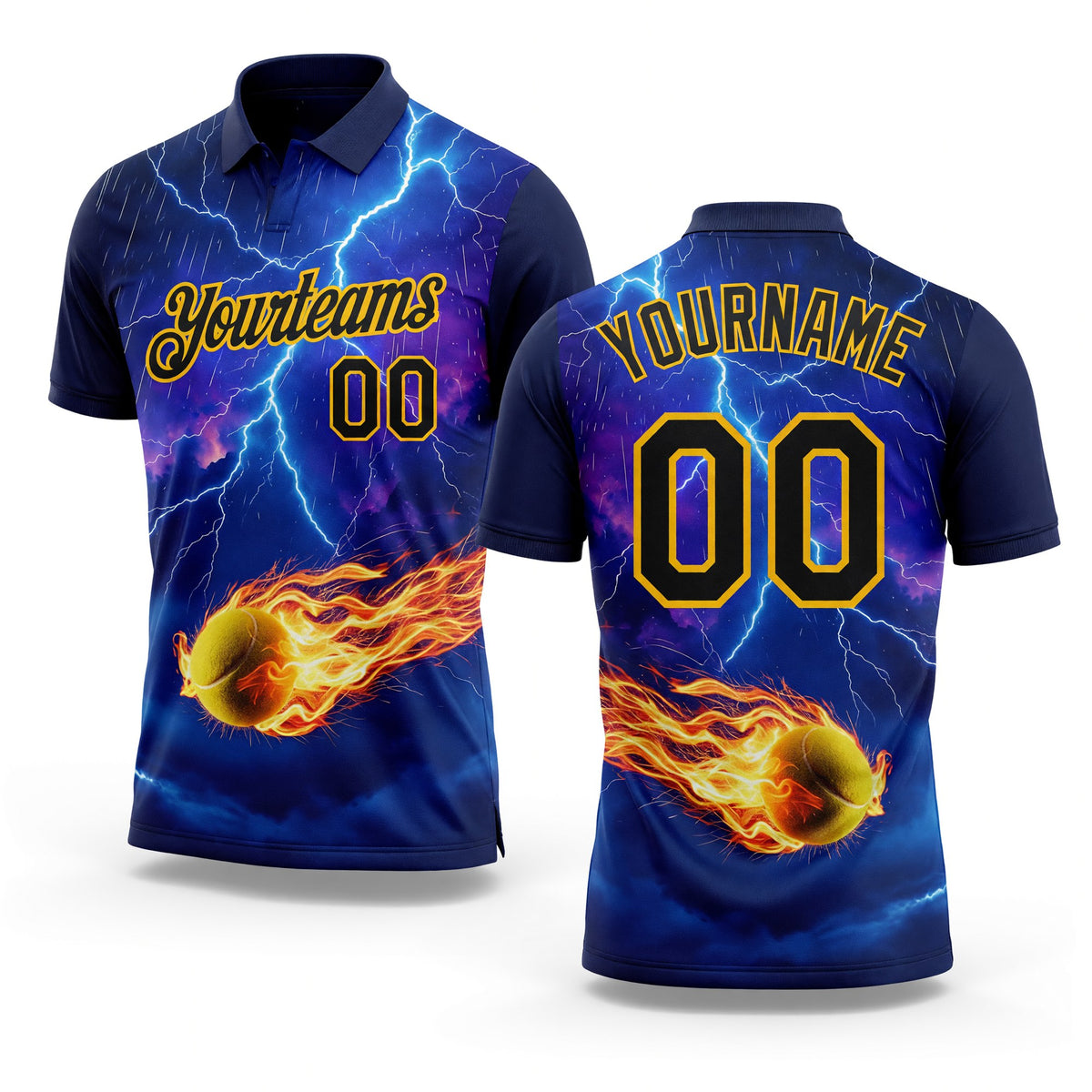 Custom Blue Black-Yellow Flame Lightning Tennis Ball 3D Pattern Performance Polo Shirt