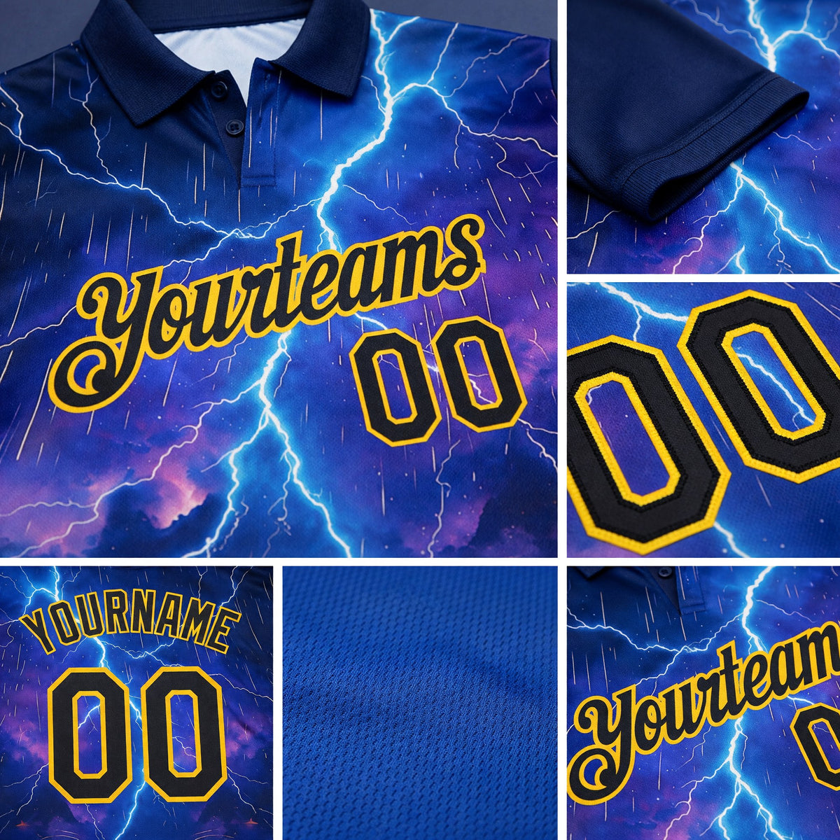 Custom Blue Black-Yellow Flame Lightning Tennis Ball 3D Pattern Performance Polo Shirt detail