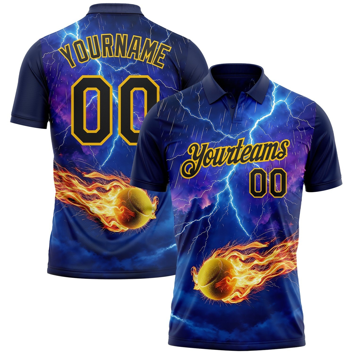 Custom Blue Black-Yellow Flame Lightning Tennis Ball 3D Pattern Performance Polo Shirt photo 1