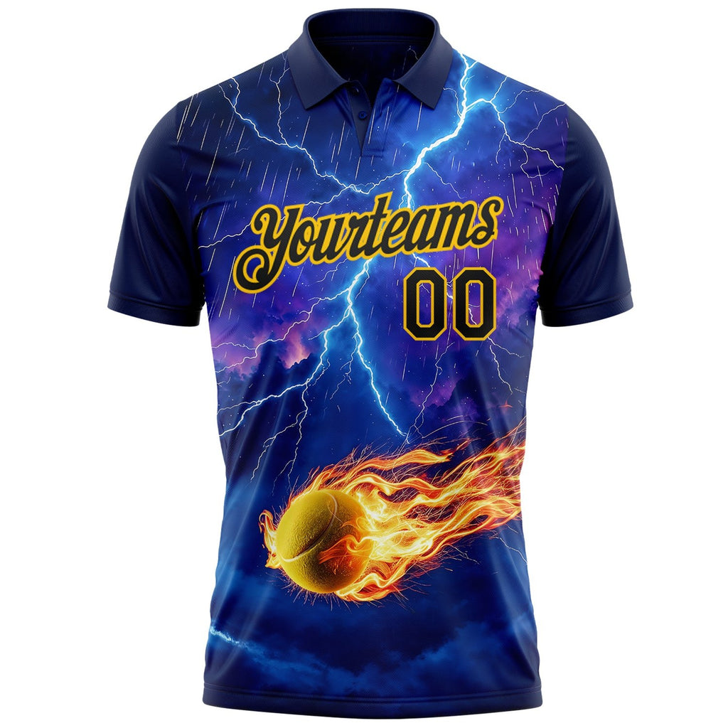 Custom Blue Black-Yellow Flame Lightning Tennis Ball 3D Pattern Performance Polo Shirt photo 2