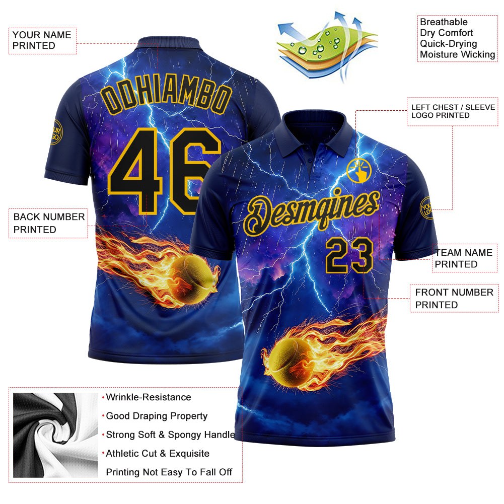 Custom Blue Black-Yellow Flame Lightning Tennis Ball 3D Pattern Performance Polo Shirt photo 3