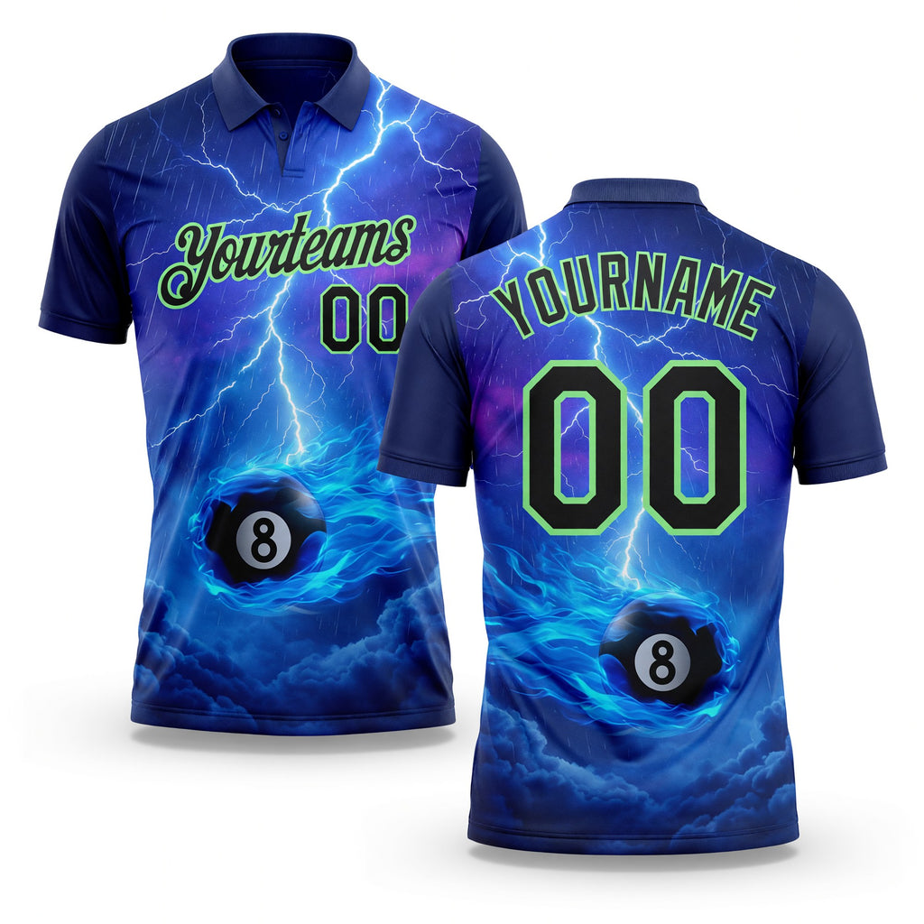 Custom Blue Black-Pea Green Flame Lightning Billiards Snooker 8 Ball Pool Performance Polo Shirt