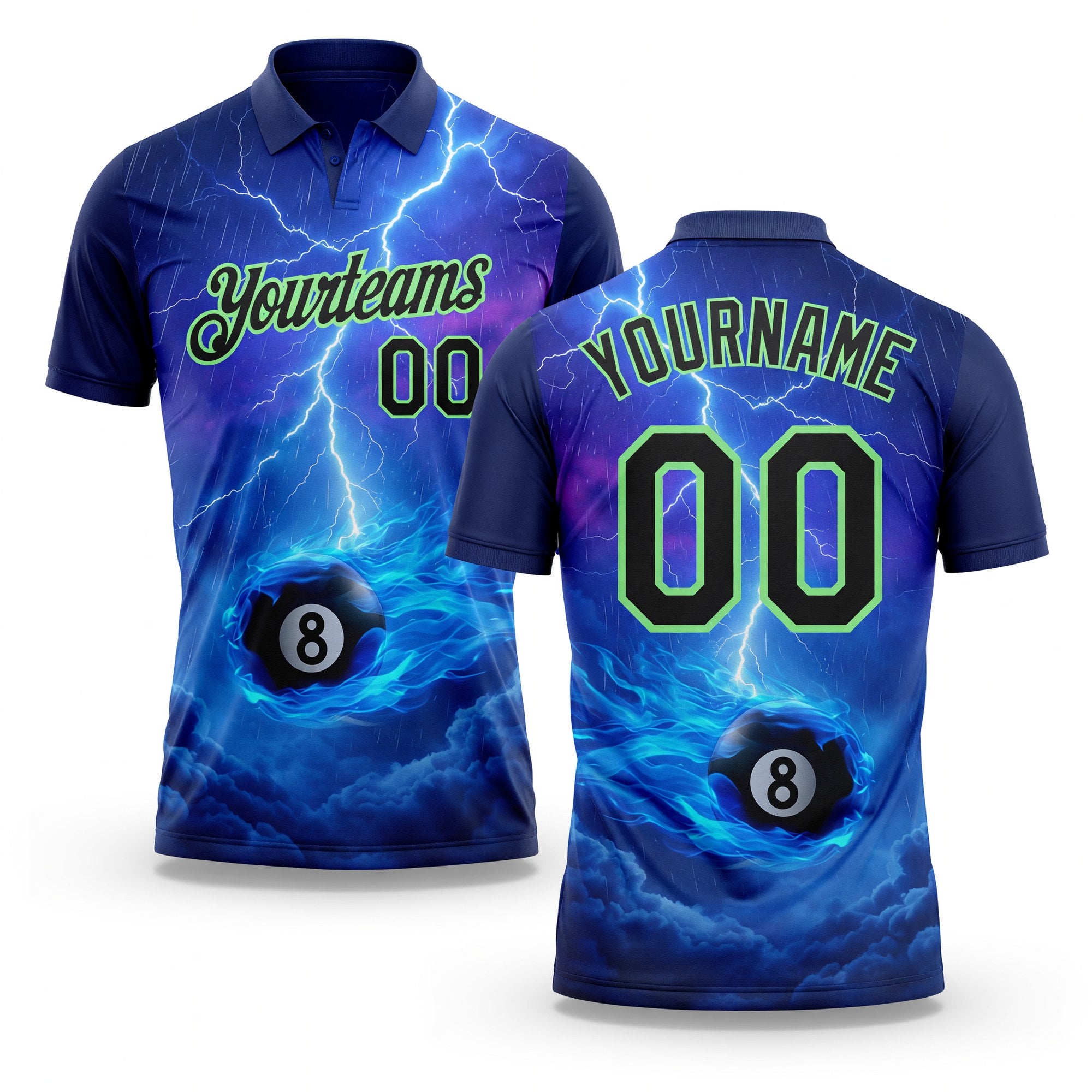 Custom Blue Black-Pea Green Flame Lightning Billiards Snooker 8 Ball Pool Performance Polo Shirt
