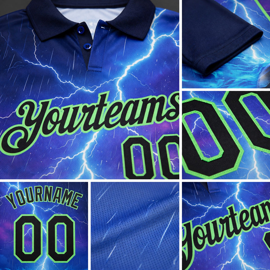 Custom Blue Black-Pea Green Flame Lightning Billiards Snooker 8 Ball Pool Performance Polo Shirt detail