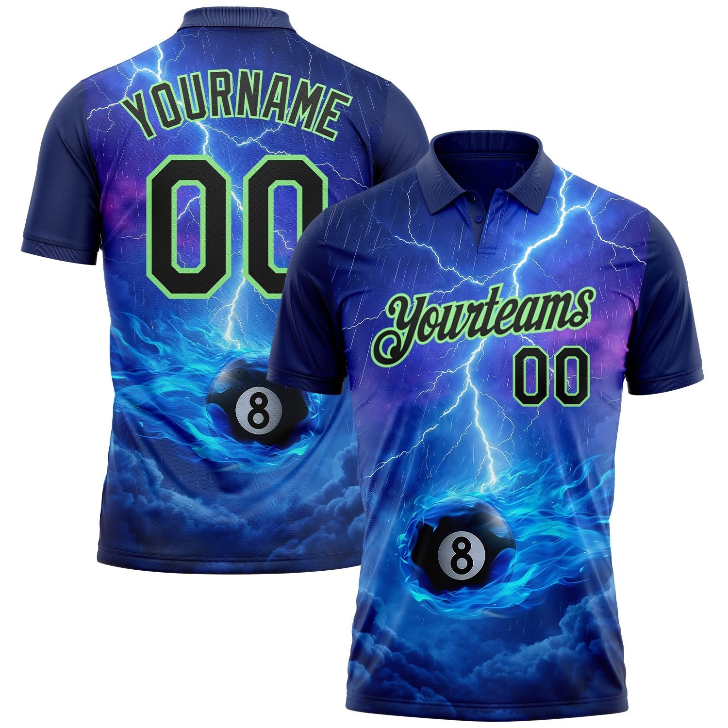 Custom Blue Black-Pea Green Flame Lightning Billiards Snooker 8 Ball Pool Performance Polo Shirt photo 1