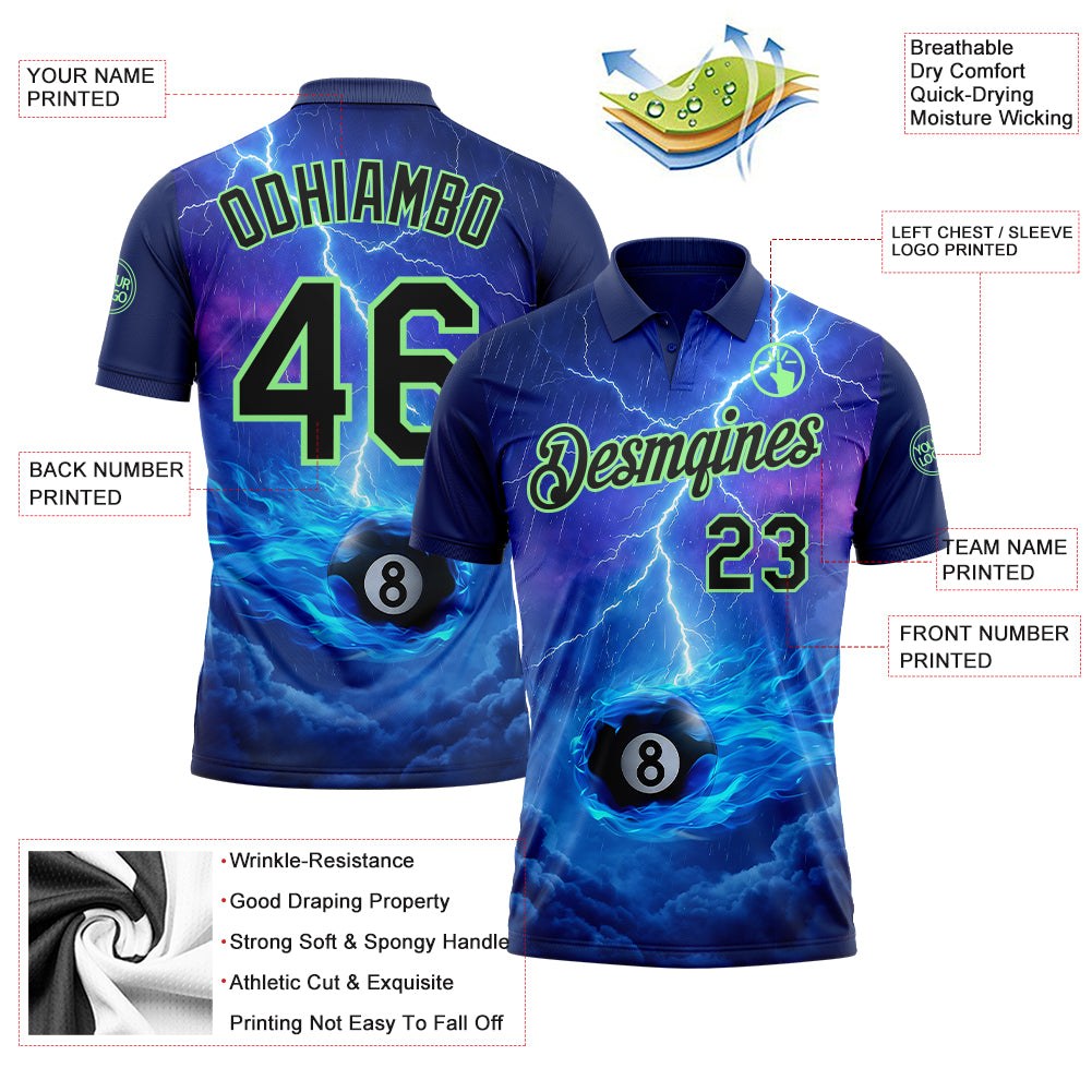 Custom Blue Black-Pea Green Flame Lightning Billiards Snooker 8 Ball Pool Performance Polo Shirt photo 3