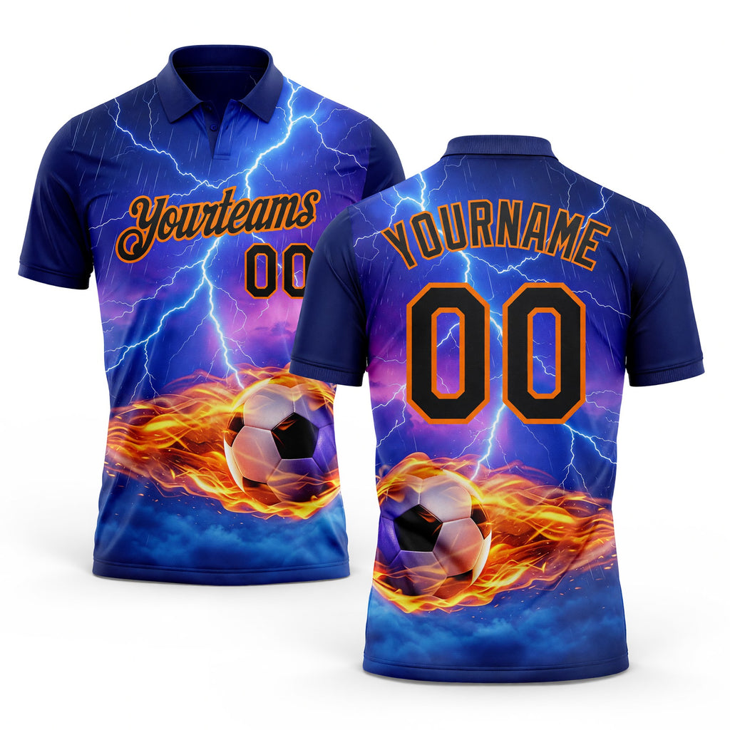Custom Blue Black-Bay Orange Flame Lightning Soccer Ball 3D Pattern Performance Polo Shirt