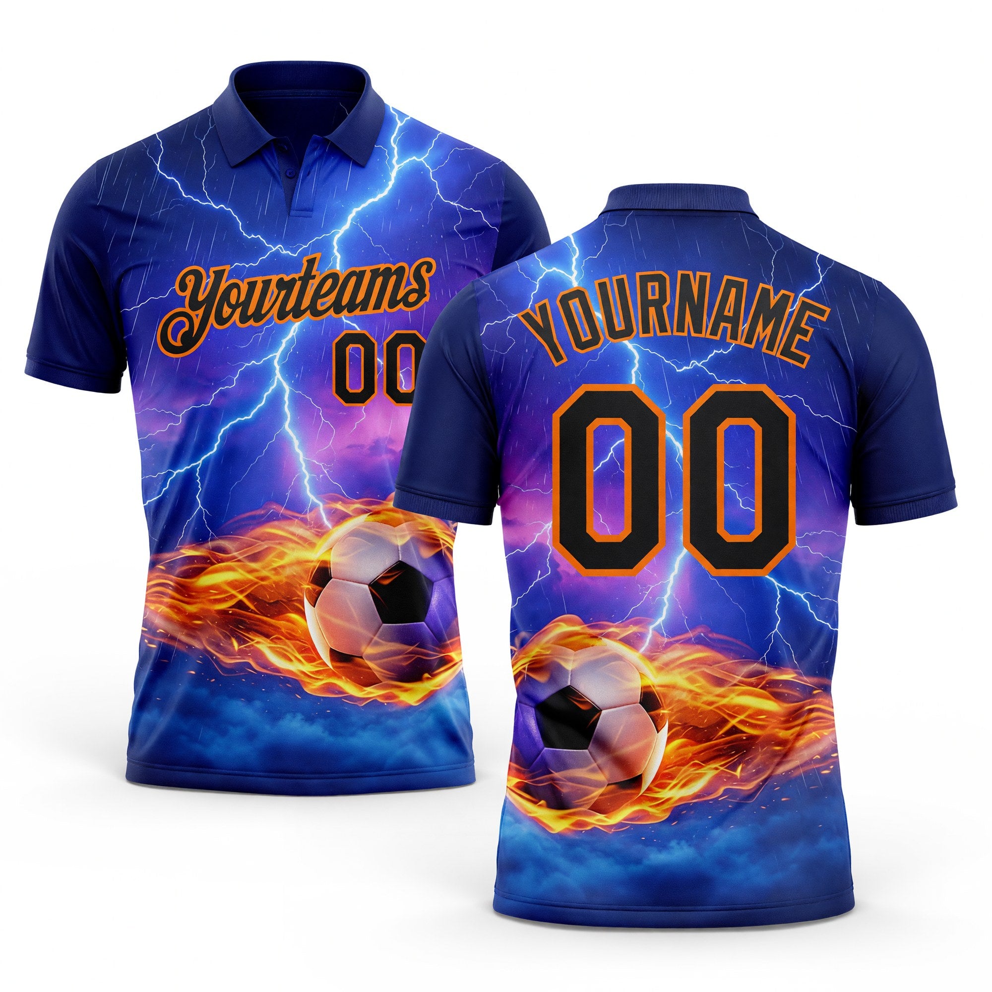 Custom Blue Black-Bay Orange Flame Lightning Soccer Ball 3D Pattern Performance Polo Shirt