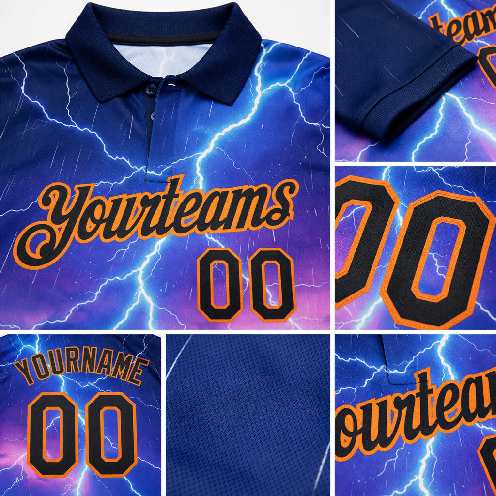 Custom Blue Black-Bay Orange Flame Lightning Soccer Ball 3D Pattern Performance Polo Shirt detail