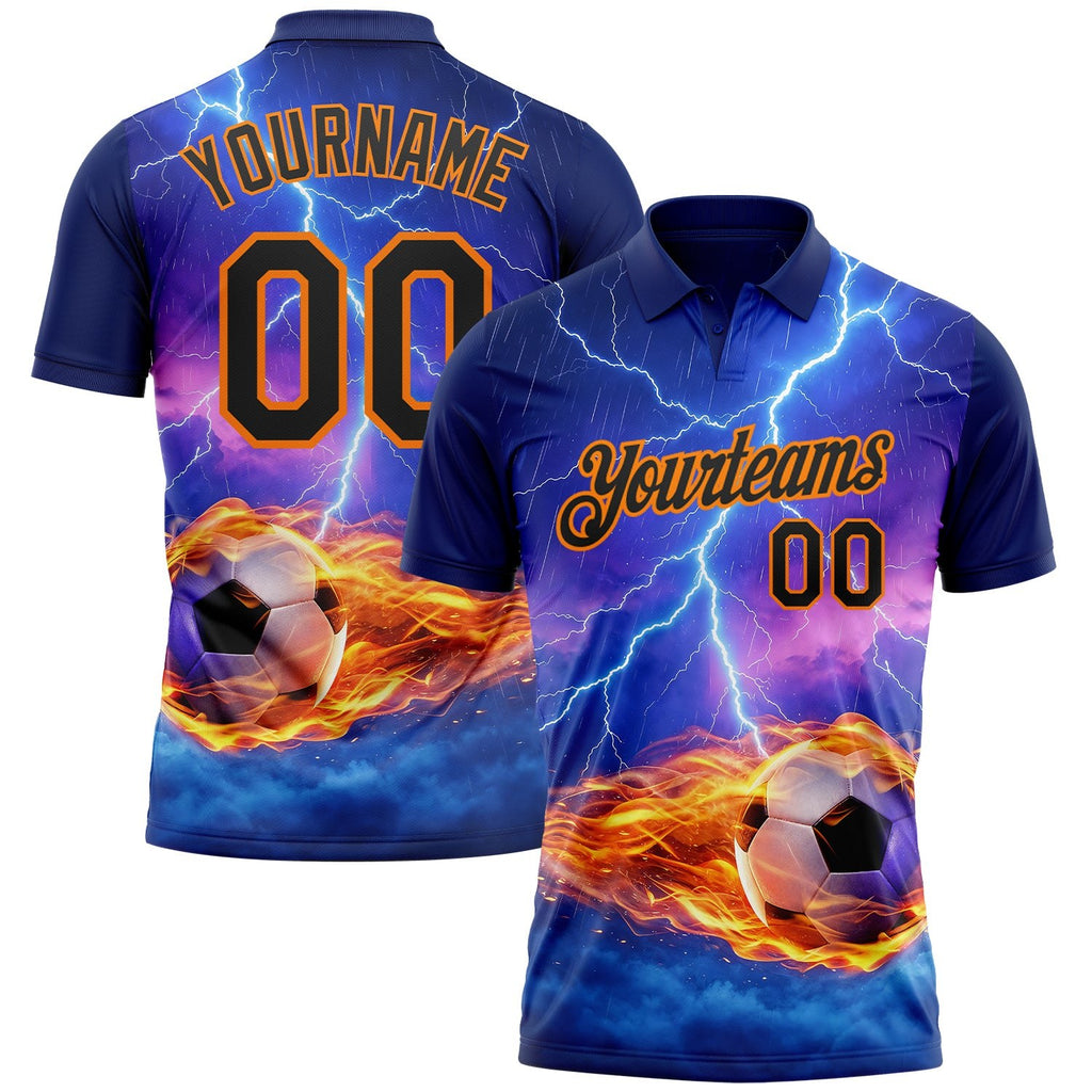 Custom Blue Black-Bay Orange Flame Lightning Soccer Ball 3D Pattern Performance Polo Shirt photo 1