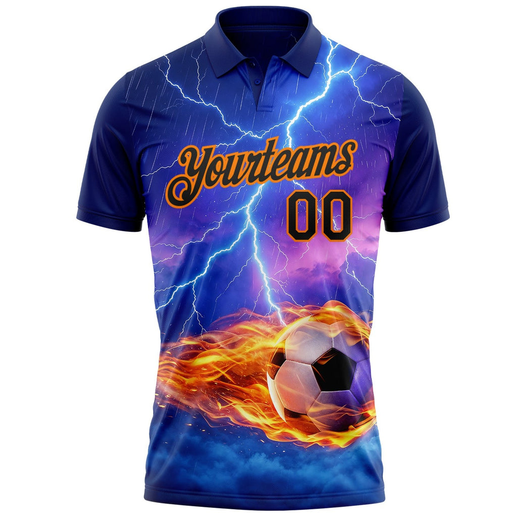 Custom Blue Black-Bay Orange Flame Lightning Soccer Ball 3D Pattern Performance Polo Shirt photo 2