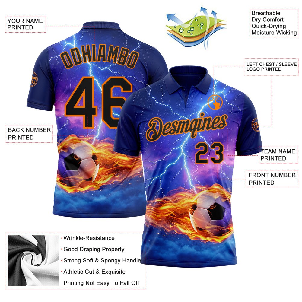 Custom Blue Black-Bay Orange Flame Lightning Soccer Ball 3D Pattern Performance Polo Shirt photo 3