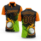 Custom Black Neon Green-Bay Orange Flame Golf Ball Splatter 3D Pattern Performance Polo Shirt