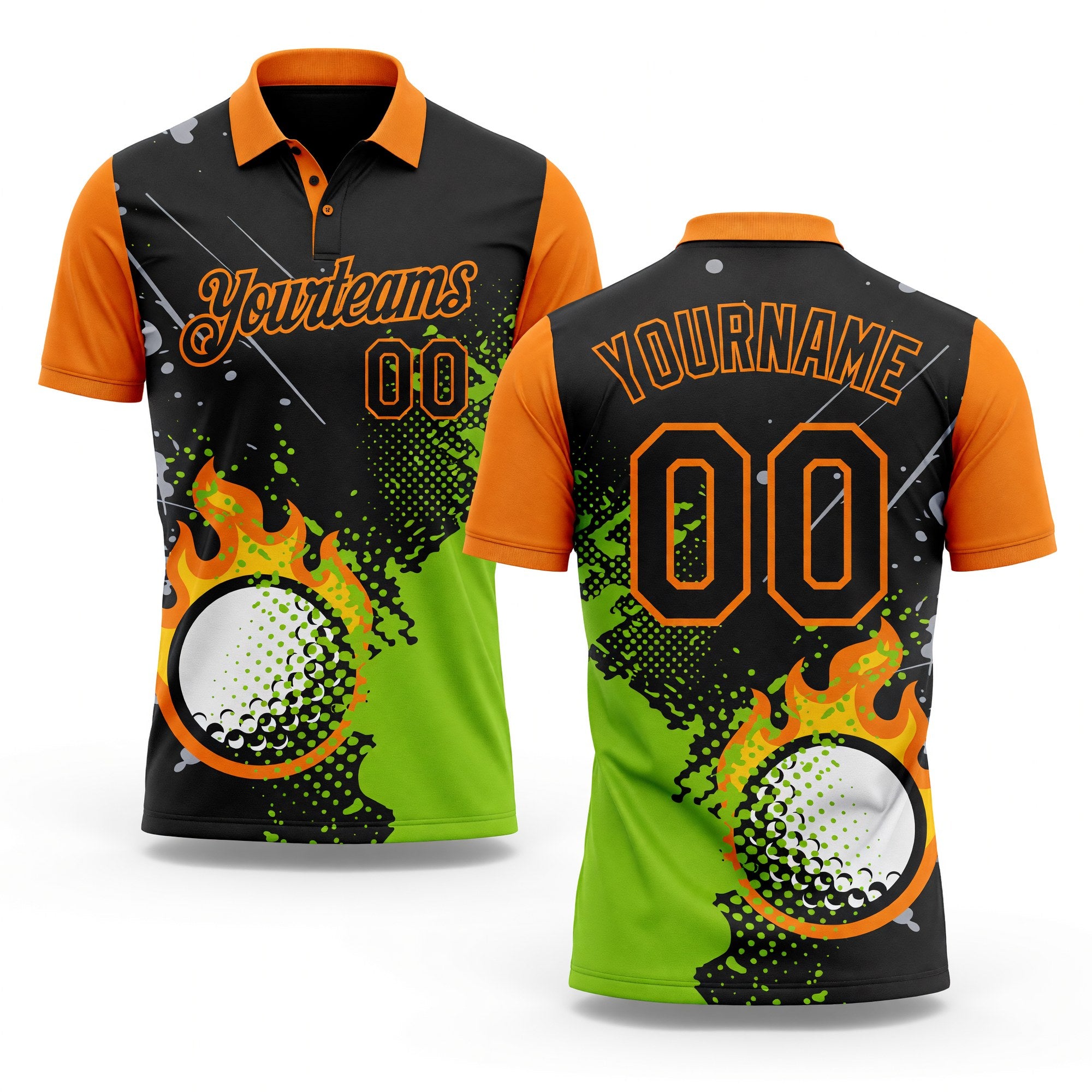 Custom Black Neon Green-Bay Orange Flame Golf Ball Splatter 3D Pattern Performance Polo Shirt