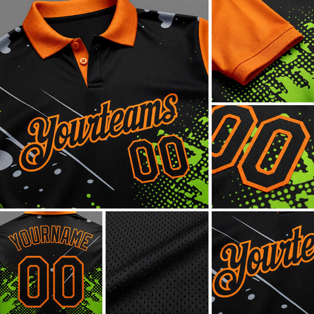 Custom Black Neon Green-Bay Orange Flame Golf Ball Splatter 3D Pattern Performance Polo Shirt detail