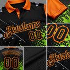 Custom Black Neon Green-Bay Orange Flame Golf Ball Splatter 3D Pattern Performance Polo Shirt detail