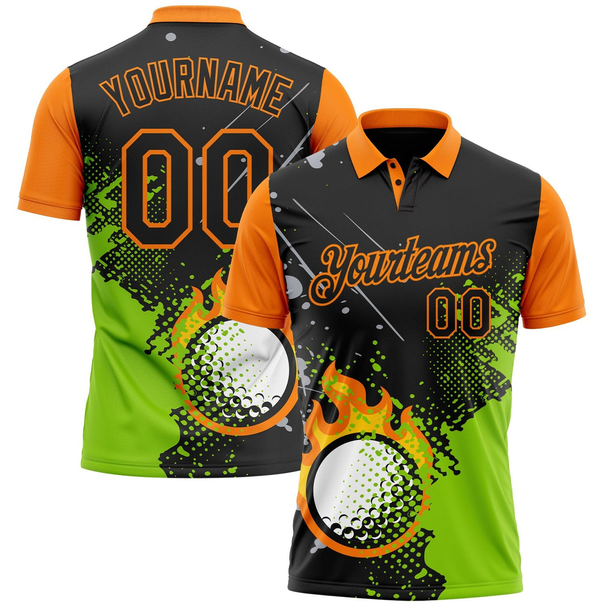Custom Black Neon Green-Bay Orange Flame Golf Ball Splatter 3D Pattern Performance Polo Shirt photo 1