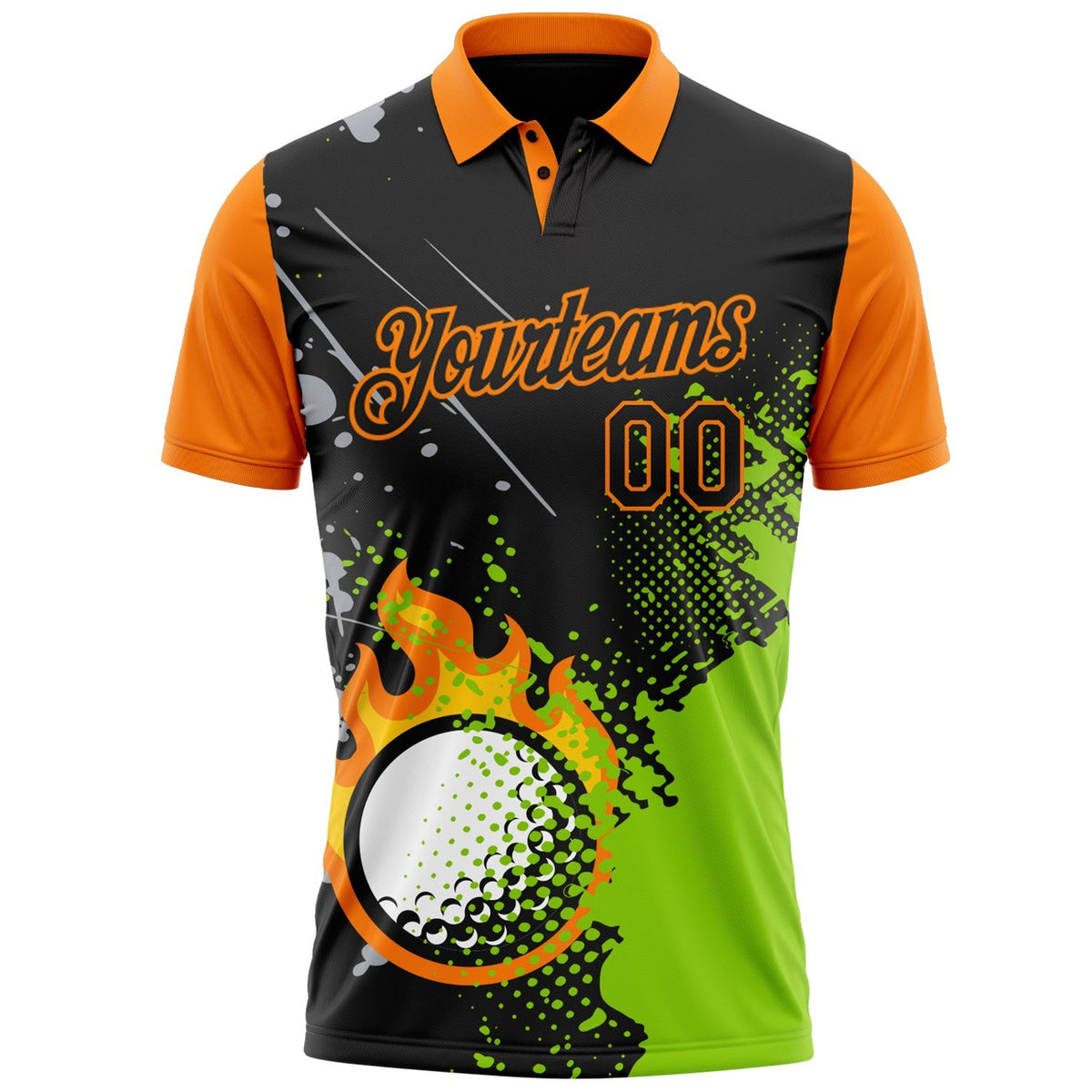Custom Black Neon Green-Bay Orange Flame Golf Ball Splatter 3D Pattern Performance Polo Shirt photo 2