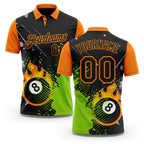 Custom Black Neon Green-Bay Orange Flame Billiards Snooker 8 Ball Pool Splatter Performance Polo Shirt
