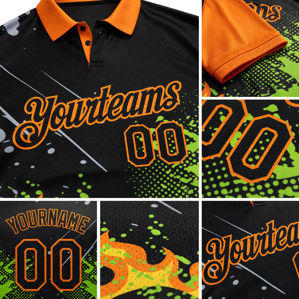 Custom Black Neon Green-Bay Orange Flame Billiards Snooker 8 Ball Pool Splatter Performance Polo Shirt detail