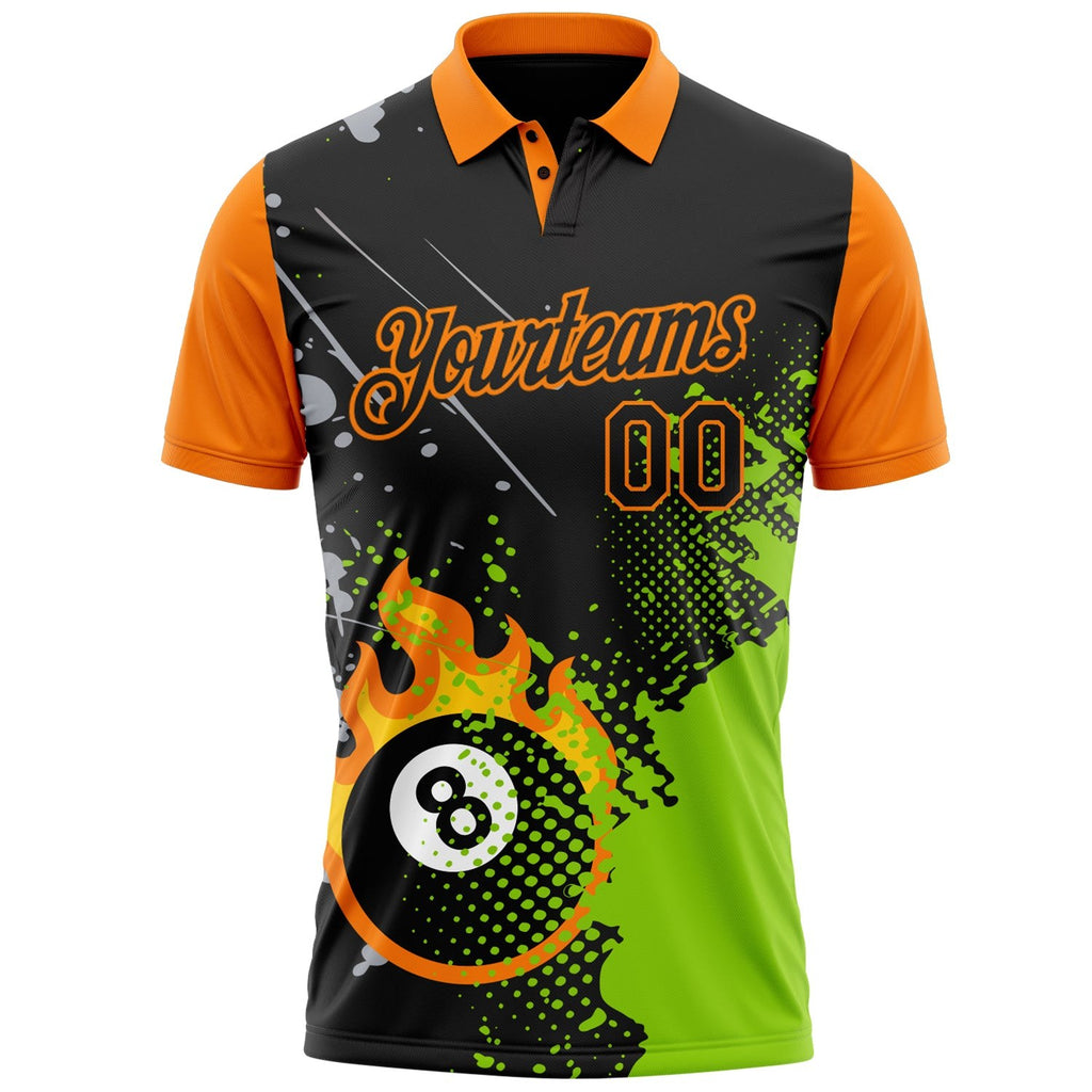 Custom Black Neon Green-Bay Orange Flame Billiards Snooker 8 Ball Pool Splatter Performance Polo Shirt photo 2