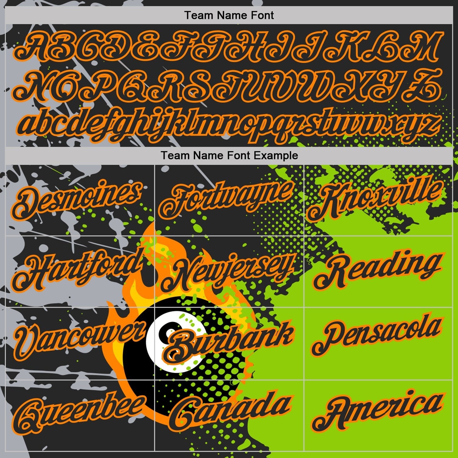 Custom Black Neon Green-Bay Orange Flame Billiards Snooker 8 Ball Pool Splatter Performance Polo Shirt photo 3