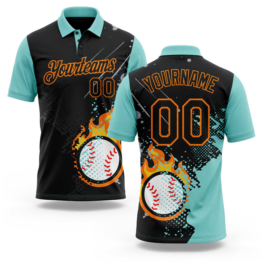 Custom Black Ice Blue-Bay Orange Flame Baseball Ball Splatter 3D Pattern Performance Polo Shirt
