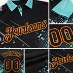 Custom Black Ice Blue-Bay Orange Flame Baseball Ball Splatter 3D Pattern Performance Polo Shirt detail